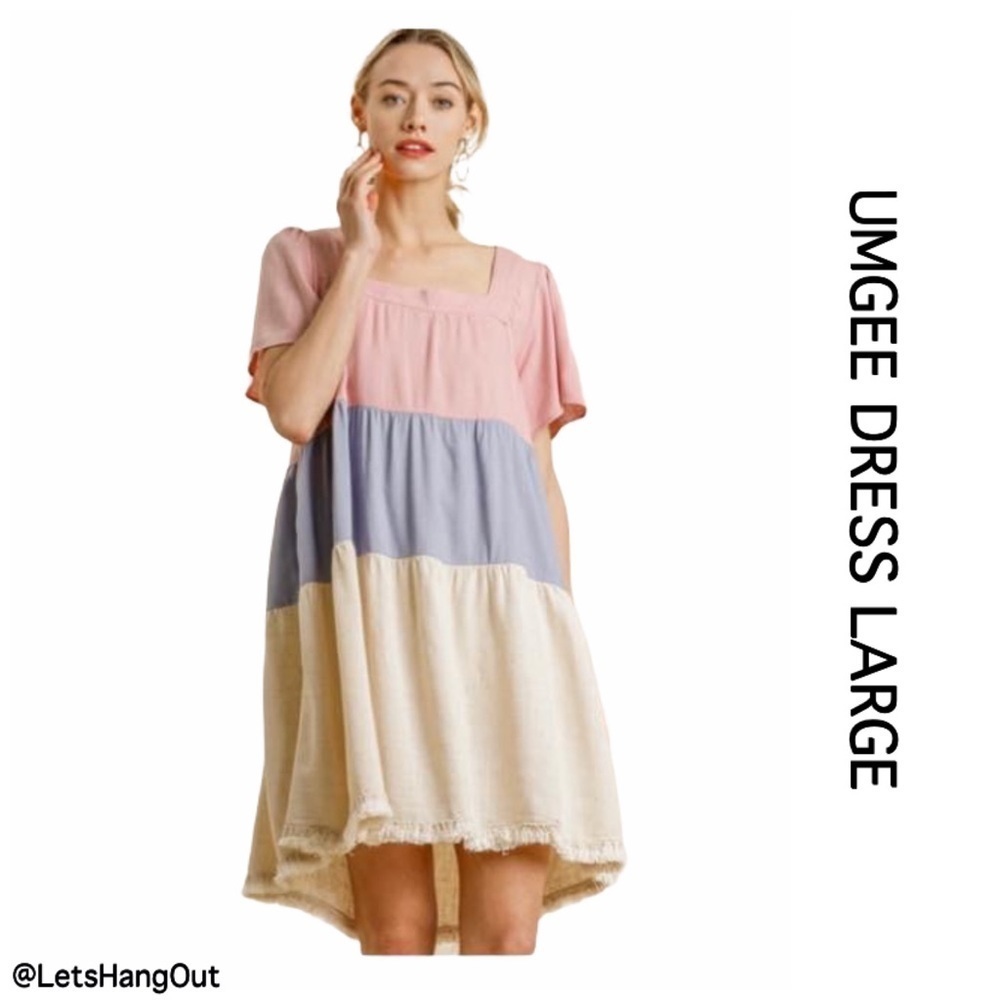 CLEARANCE- Large Umgee Linen Blend Colorblock Tiered Dress